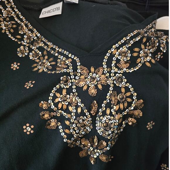 Chico's Black Gold Bronze Sequenced V-Neck Women's Blouse 3 - L - Picture 4 of 6